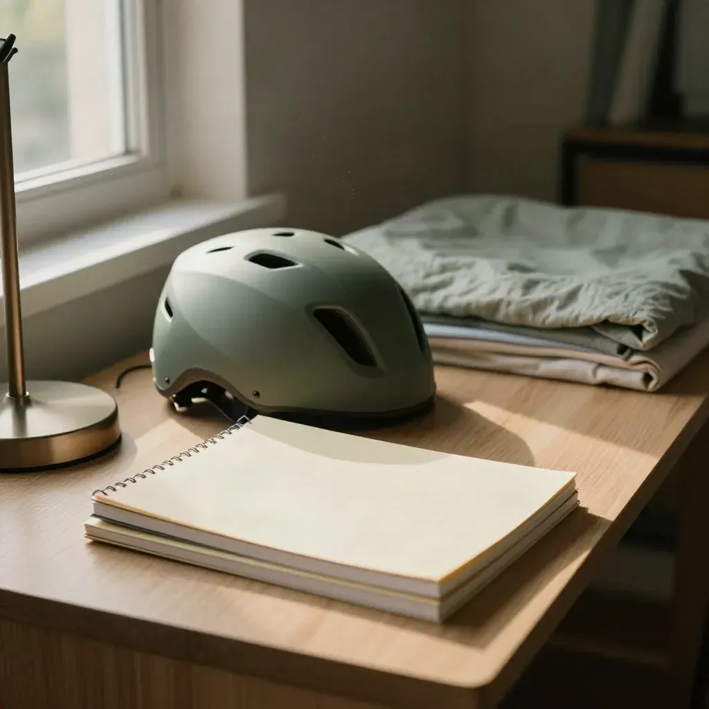 Scrivania in stanza studenti con quaderni, casco bici e luce del pomeriggio alla finestra.