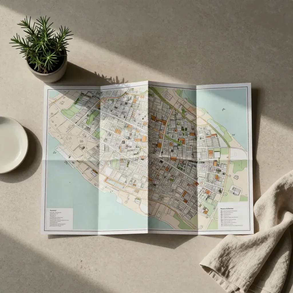 Mappa quartiere piegata con rosmarino, piattino in ceramica e lino su pietra chiara.