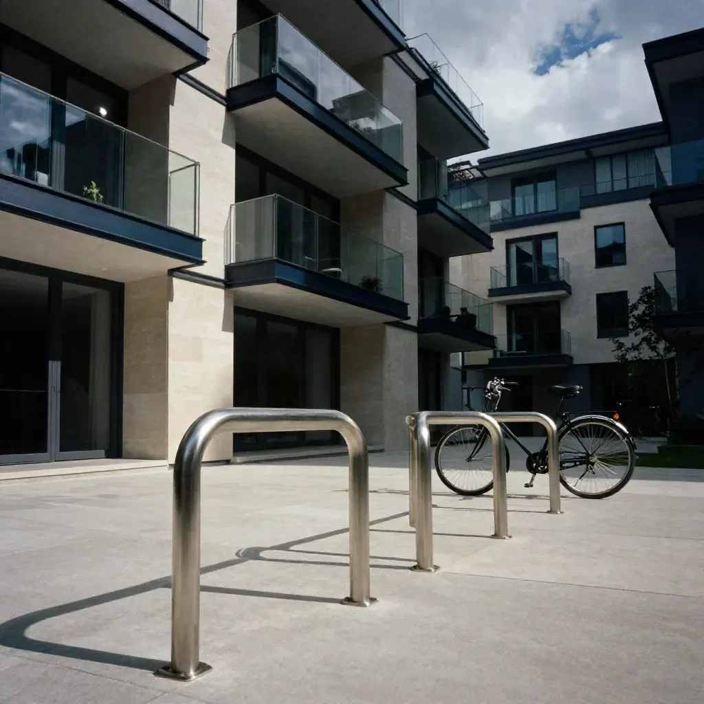 Cortile moderno con rastrelliere per bici e balconi in vetro, luce chiara tra le nuvole.