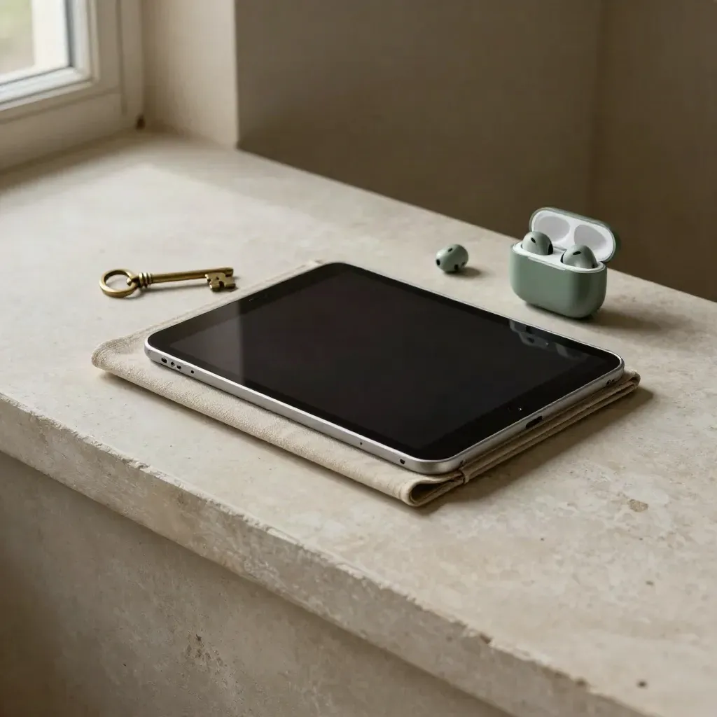 Tablet in custodia di lino, chiavi e auricolari su mensola in gesso, luce morbida dall’alto.