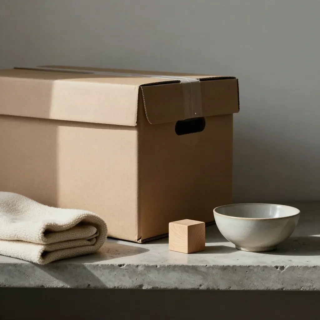 Scatolone da trasloco con coperta di lana, cubo di legno e ciotola in ceramica su mensola in cemento.