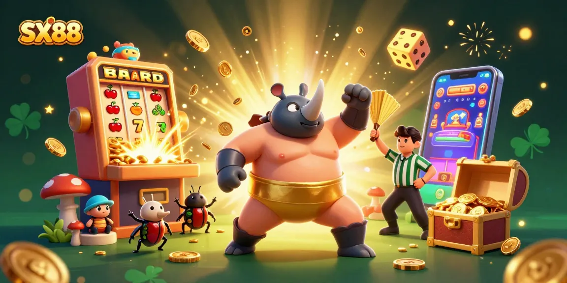SX88 online casino illustration showing a cartoon beetle champion amid flying coins and vibrant game elements.