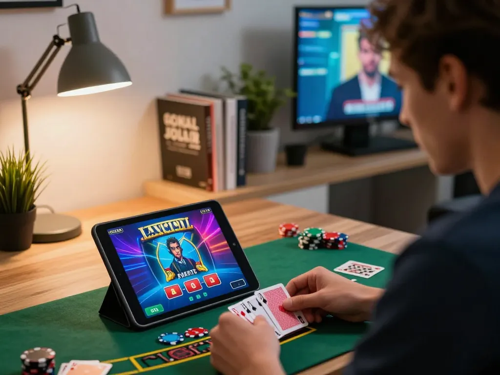 Engaging in online casino gameplay with Nhà cái VN88 on tablet in a cozy home office setting.