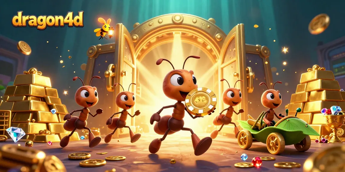 dragon4d showcases an epic heist scene with a team of ants carrying a giant poker chip surrounded by treasures and glowing casino elements.