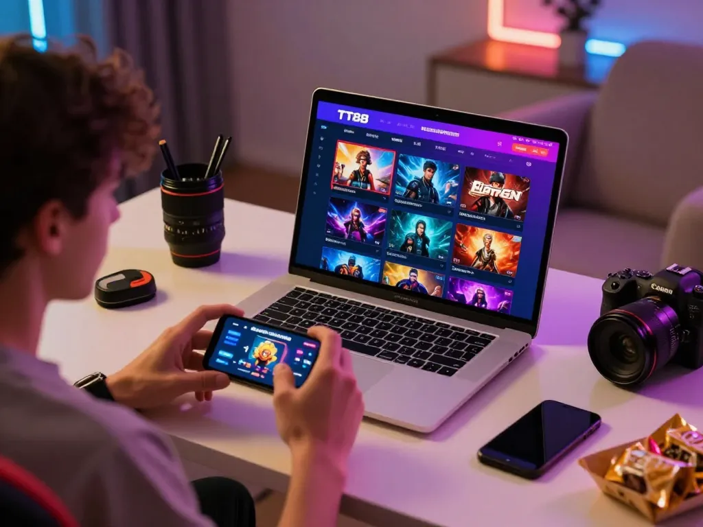 Engaged player exploring TT88 online betting platform at home with vibrant gaming setup.