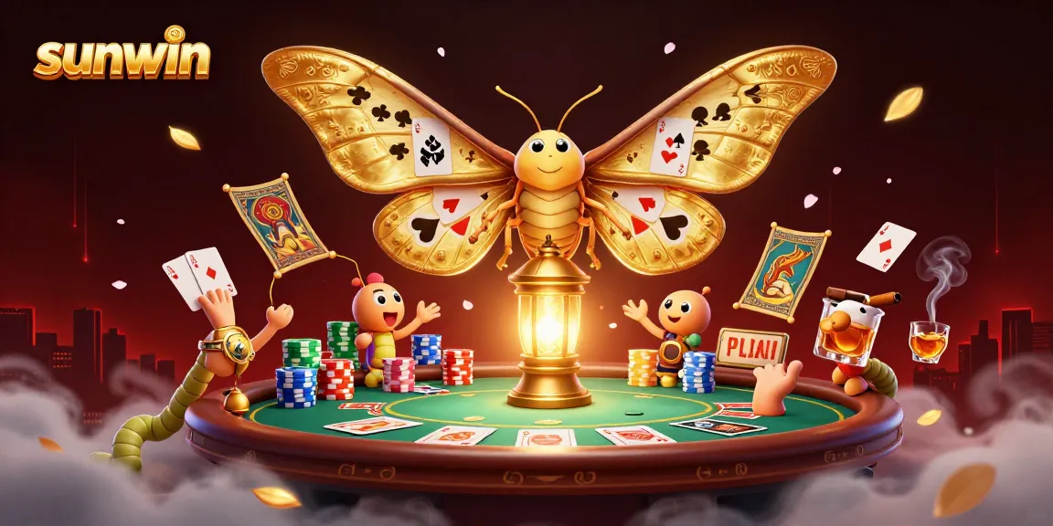 Experience the excitement of sunwin with a vibrant casino scene featuring a golden atlas moth and poker elements.
