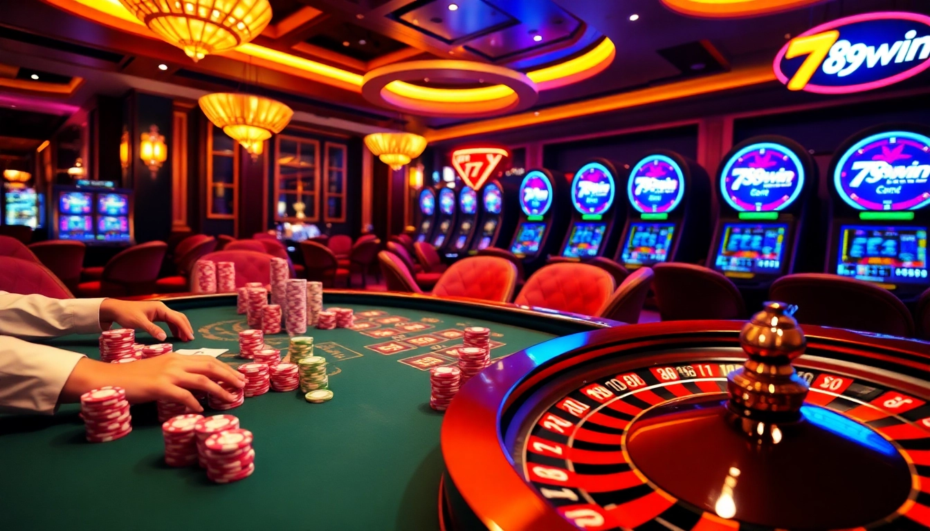 Players enjoying a thrilling card game at 789win casino, surrounded by chips and slot machines.