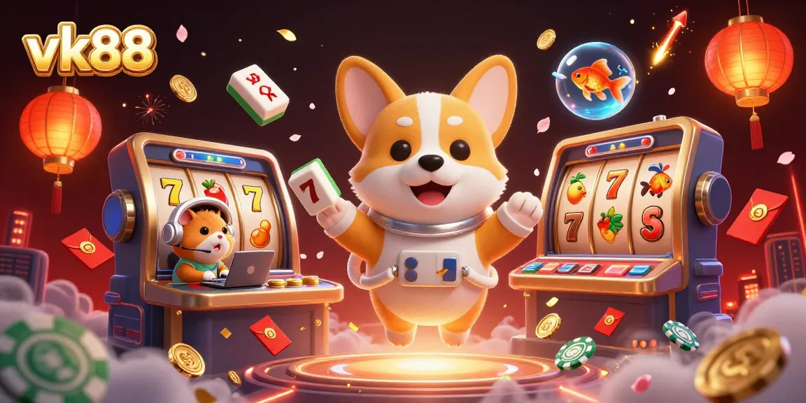 Engage with vk88 in a vibrant space casino atmosphere featuring a floating corgi and goldfish.