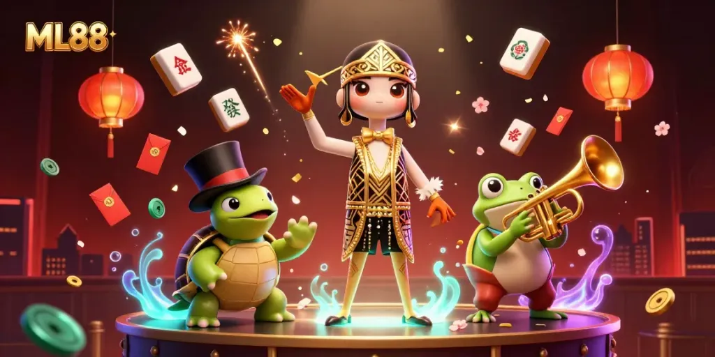 Experience the vibrant world of ML88 with engaging casino characters in a detailed 3D illustration.