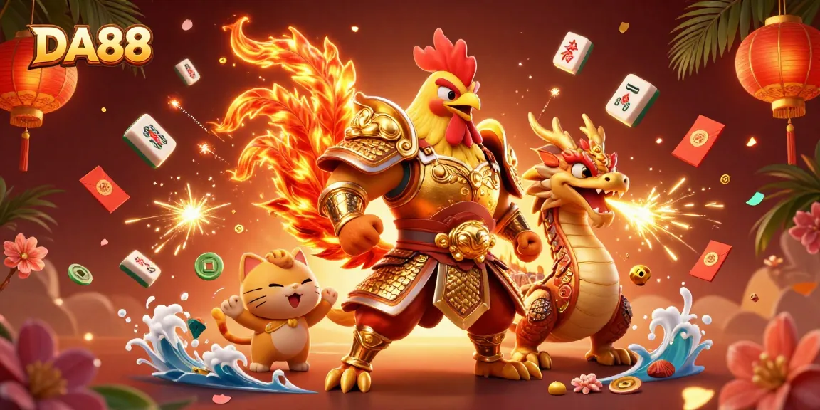 Engage with DA88's dynamic gaming vibe featuring a colorful 3D rooster warrior and dragon hatchling.