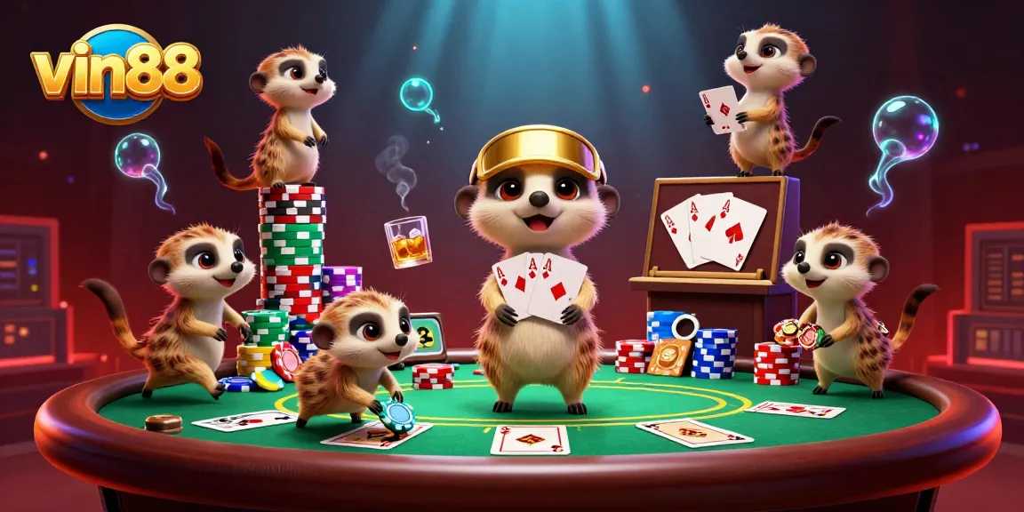 Engaging meerkats manage the vibrant vin88 casino with poker action and colorful chip towers.