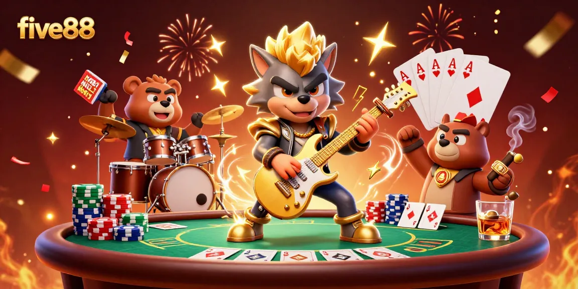 Experience thrilling gameplay with five88 at a vibrant casino scene featuring rock star wolf and drummer bear.