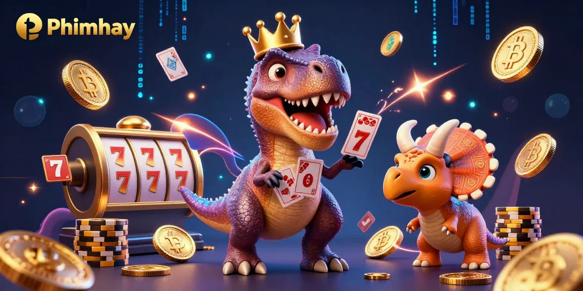 Phimhay gaming scene features a T-Rex shuffling cards amidst neon slots and crypto elements.