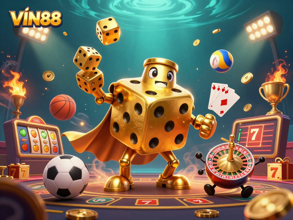 Engage with VIN88's thrilling casino scene featuring a golden dice golem, sports action, and captivating game elements.
