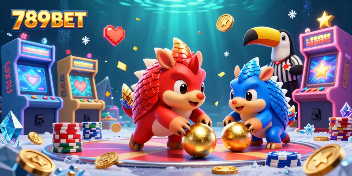 Compete with vibrant pangolins in 789BET's thrilling casino-themed bowling scene filled with poker chips.