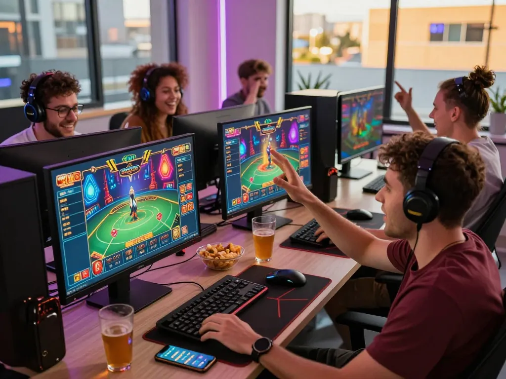 Friends enjoying online gaming at https://hapify.io/ with exciting graphics and a lively apartment atmosphere.