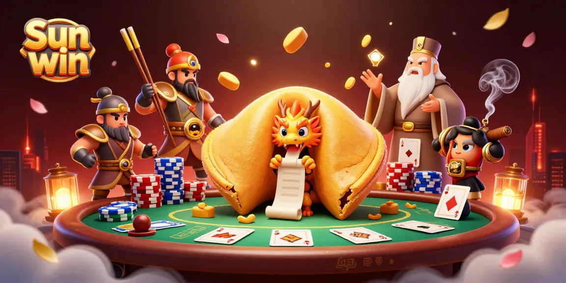 Win big with Sun win through a lively 3D casino scene featuring a golden fortune cookie and poker elements.
