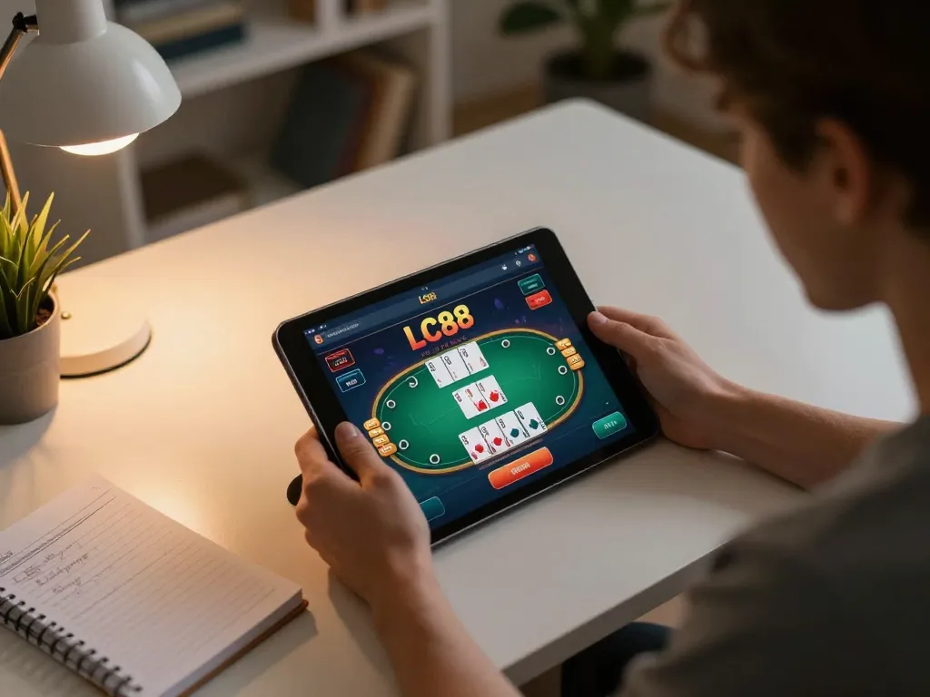 Person using the LC88 casino app on a tablet, focusing on poker strategy in a cozy home setting.