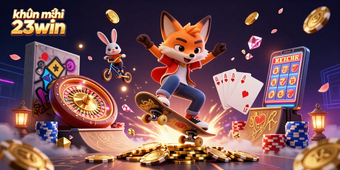 Witness the excitement of khuyến mãi 23win with colorful characters and casino elements flying around.