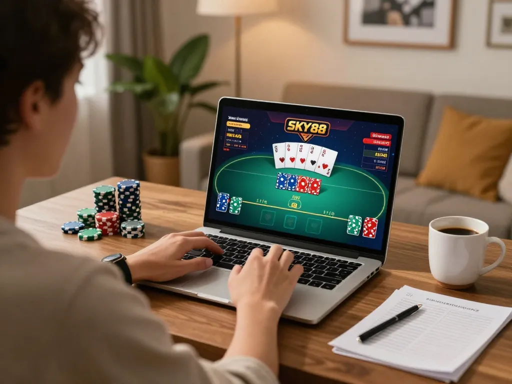 Engaged player using laptop for SKY88 poker game, with strategic notes visible for enhanced gameplay