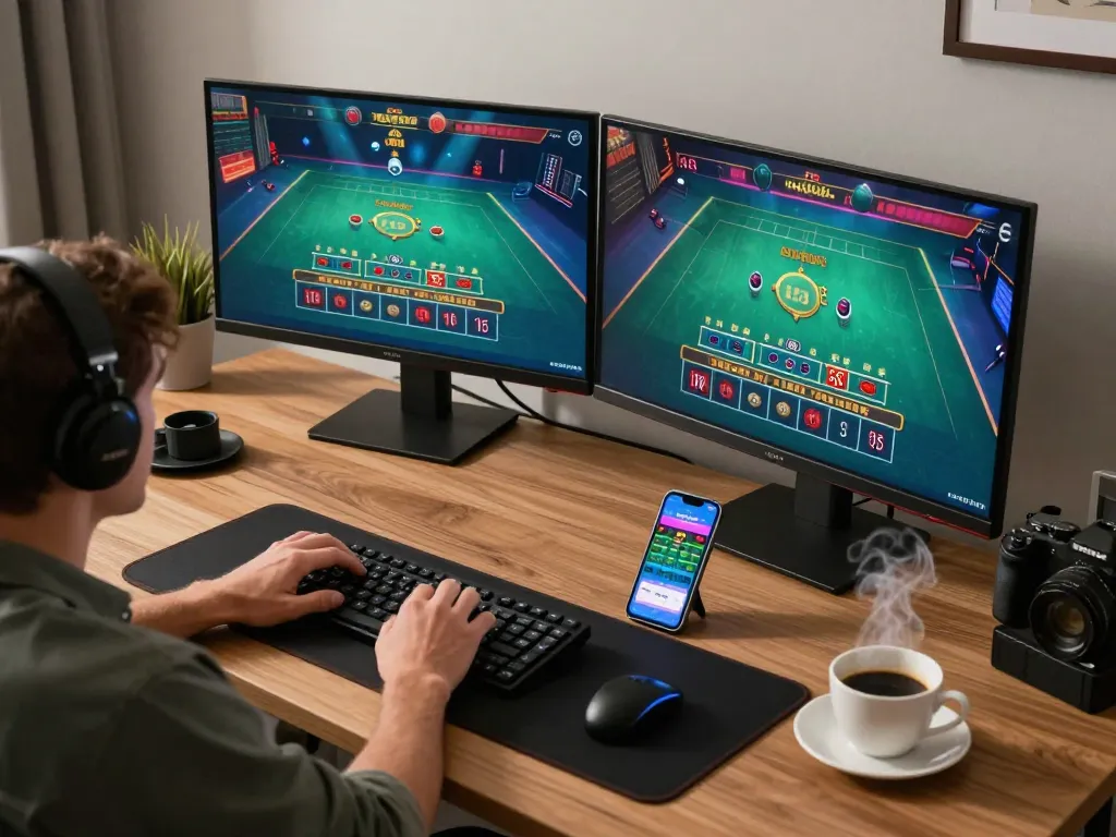 cm88 player engaging in online baccarat with dual monitors, showcasing exciting live action and strategy