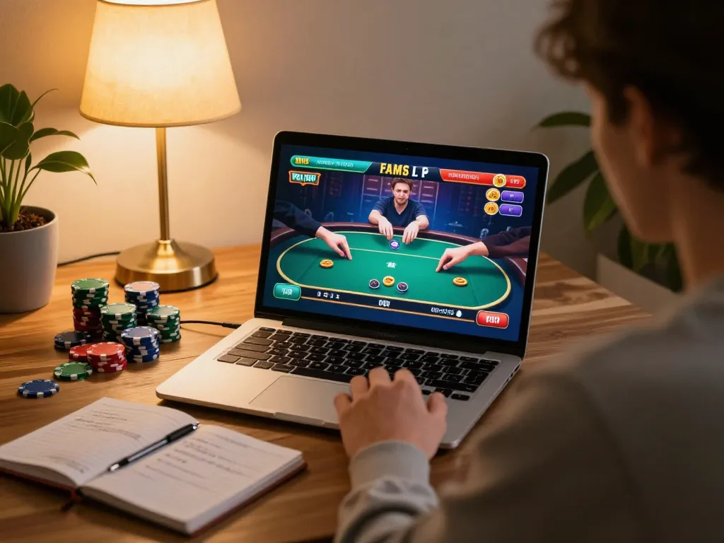 VA88 player engaging in an online poker game at home, showcasing strategy and a responsible gaming environment