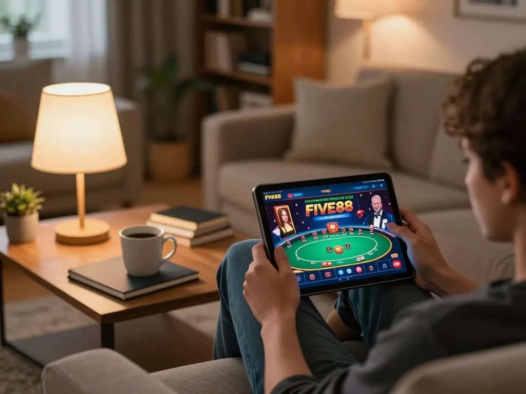 Engaging with Five88 casino app on a tablet in a cozy home environment, focusing on strategic gaming.