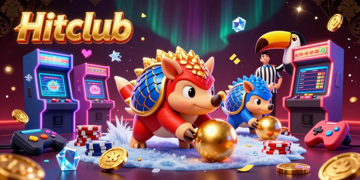 Hitclub casino scene with rival pangolins bowling poker chips, vibrant arcade games, and glowing elements.