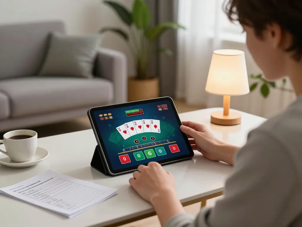 Person engaging with Jun88 online casino app on a tablet in a cozy setting