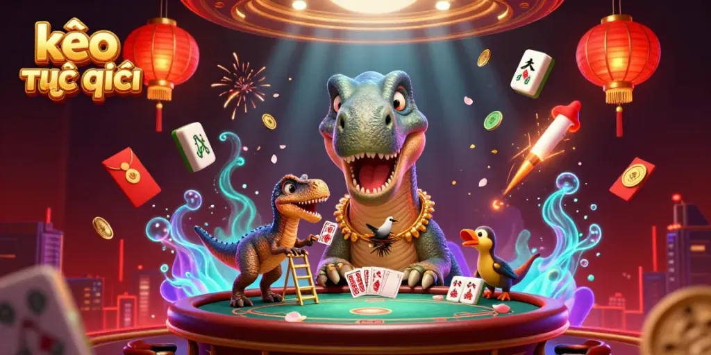 Engaging scene of kèo trực tuyến with a towering dinosaur and a clever raptor dealing cards in a lively casino.