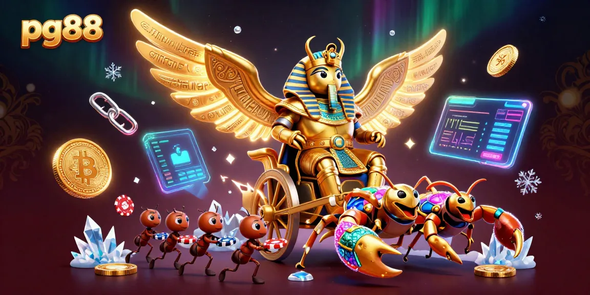 Engage with pg88's dynamic gaming environment featuring a colossal scarab beetle leading a casino adventure.