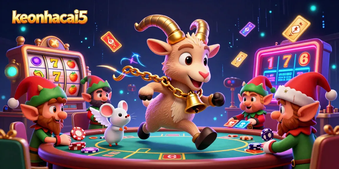 keonhacai5 showcases a lively casino scene with Krampus as the dealer, enhancing your gaming experience.
