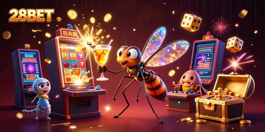 Experience the lively 28BET casino atmosphere with dynamic characters and exhilarating game elements.