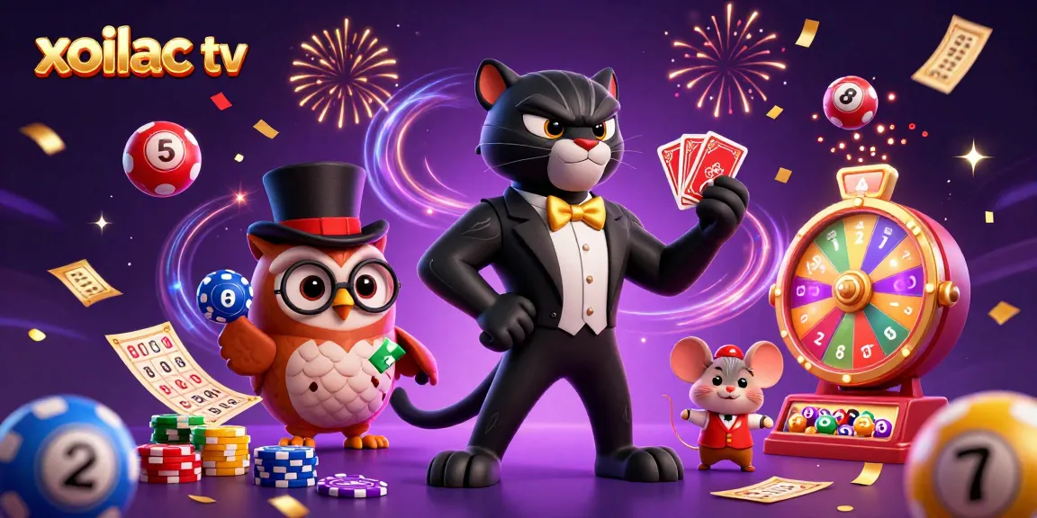 Xoilac TV illustrates a lively gambling atmosphere with a stylish panther, owl, and lucky mouse enjoying vibrant games.