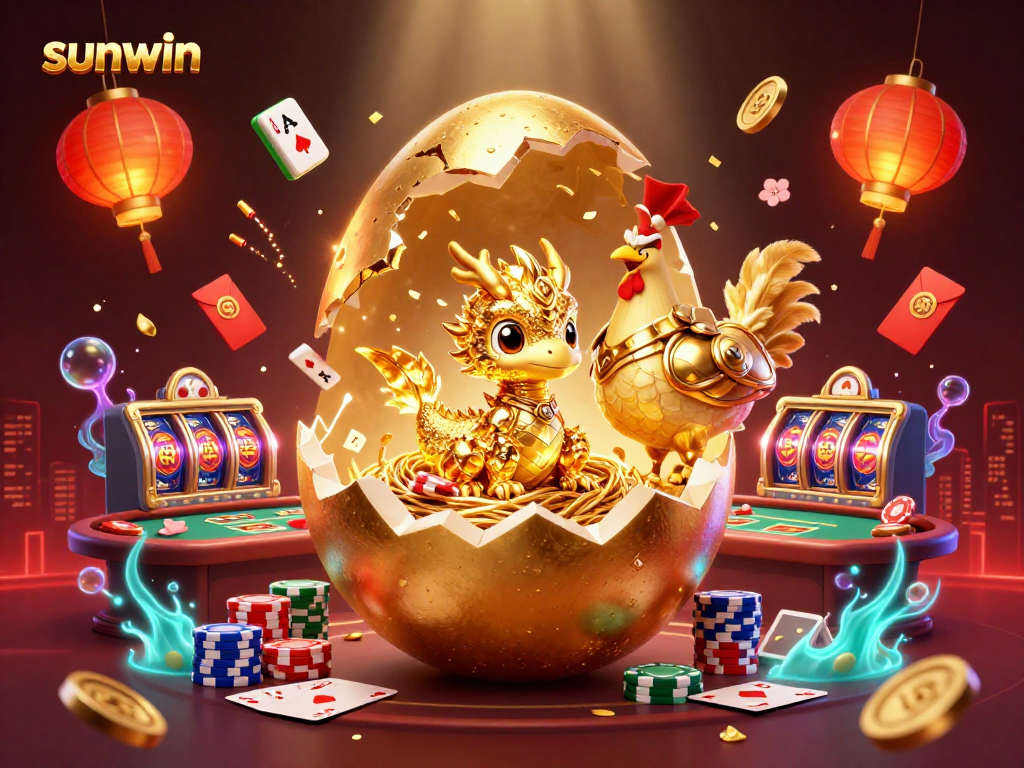 Experience thrilling gaming with the sunwin baby dragon amidst poker chips and vibrant casino elements.