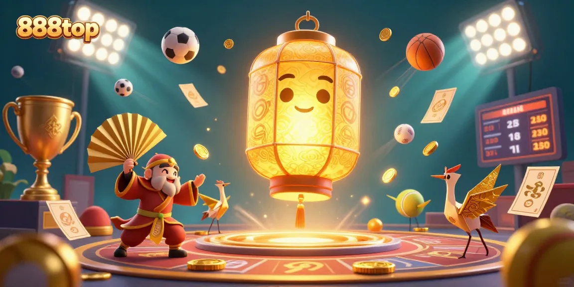 Engage with 888top, a vibrant online casino experience, showcased by the golden lantern spirit and dynamic game elements.