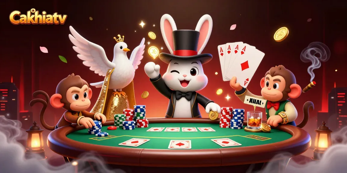 Cakhiatv showcases a whimsical gambling scene featuring a magician rabbit conjuring golden coins while a dove and monkey add excitement.