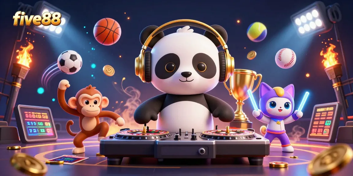 Engage with five88's exciting atmosphere, featuring gaming elements and vibrant characters in a lively casino setting.