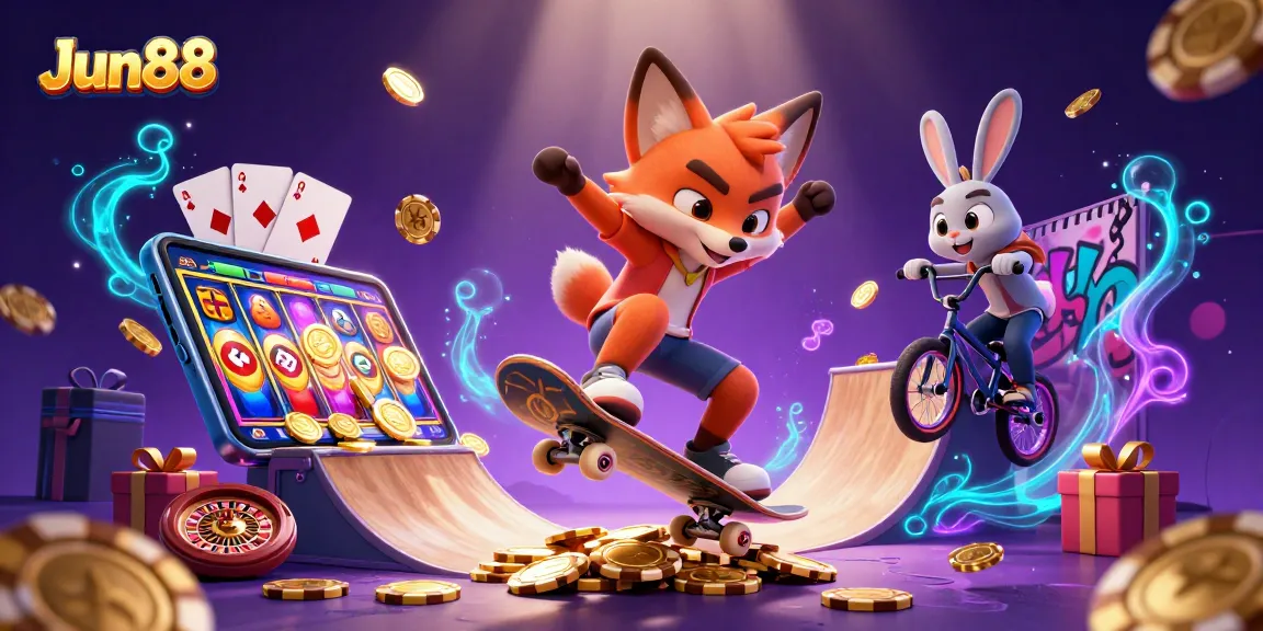 Join the thrill with Jun88 at a vibrant casino-themed scene featuring exciting elements and characters.