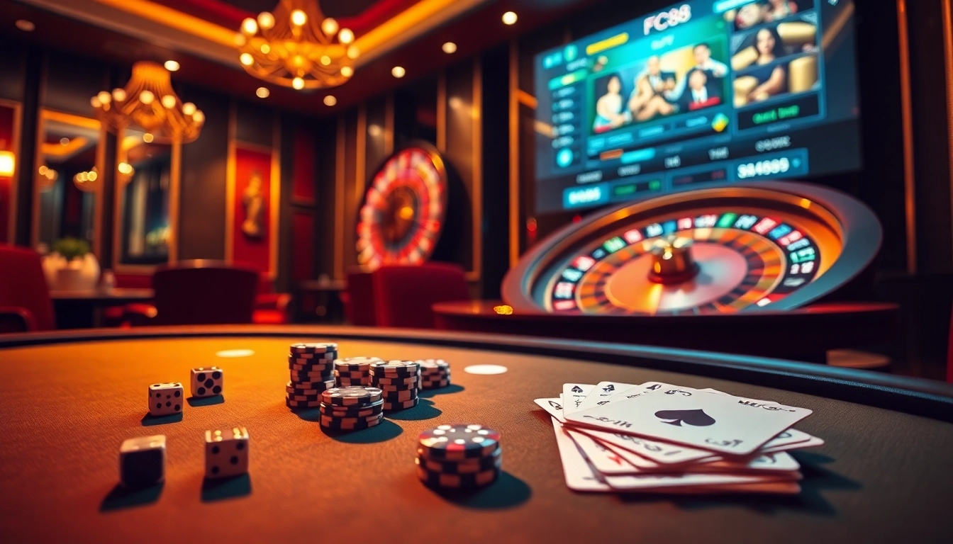 Experience high-stakes gameplay at FC88 with vibrant roulette and poker tables.