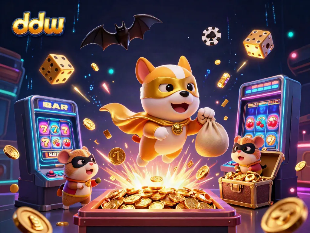 Dduu platform showcases a superhero dog and hamster surrounded by winning casino elements like slots, gold coins, and poker chips.
