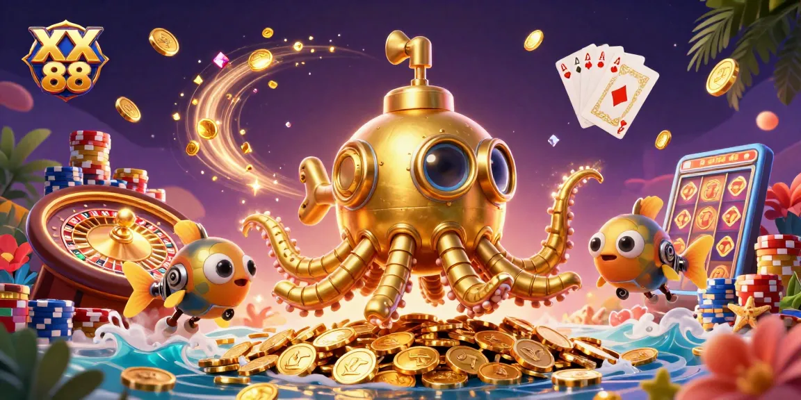 Experience the excitement of XX 88 with a dynamic 3D scene featuring a golden kraken submarine and casino elements.
