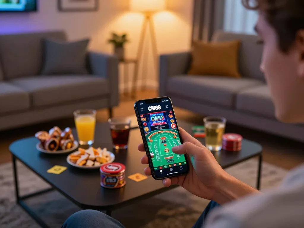 Engaged user utilizing the CM88 OKVIP app for online betting in a modern home setting, portraying an exciting gambling experience.