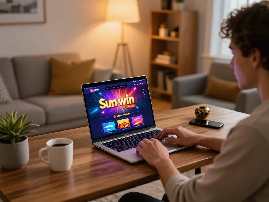 Người chơi tương tác với ứng dụng casino trực tuyến Sun win trên laptop, thể hiện thiết lập trò chơi chiến lược.