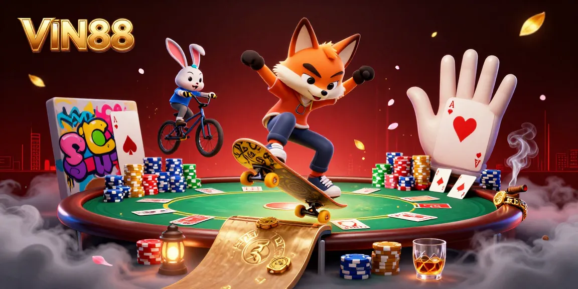 Experience the excitement of VIN88 with a vibrant scene of a skateboarder fox and BMX rabbit in action.