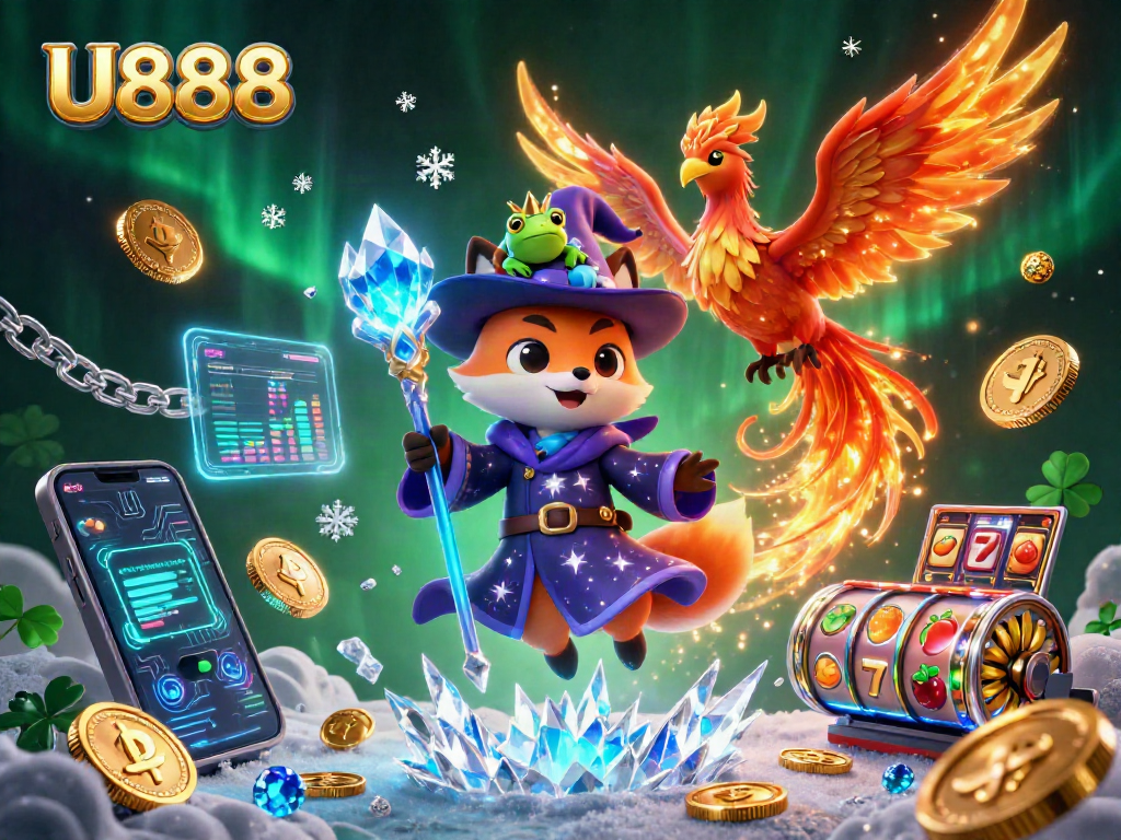 Spin the reels with U888 showcasing crypto elements and a mystical casino adventure.