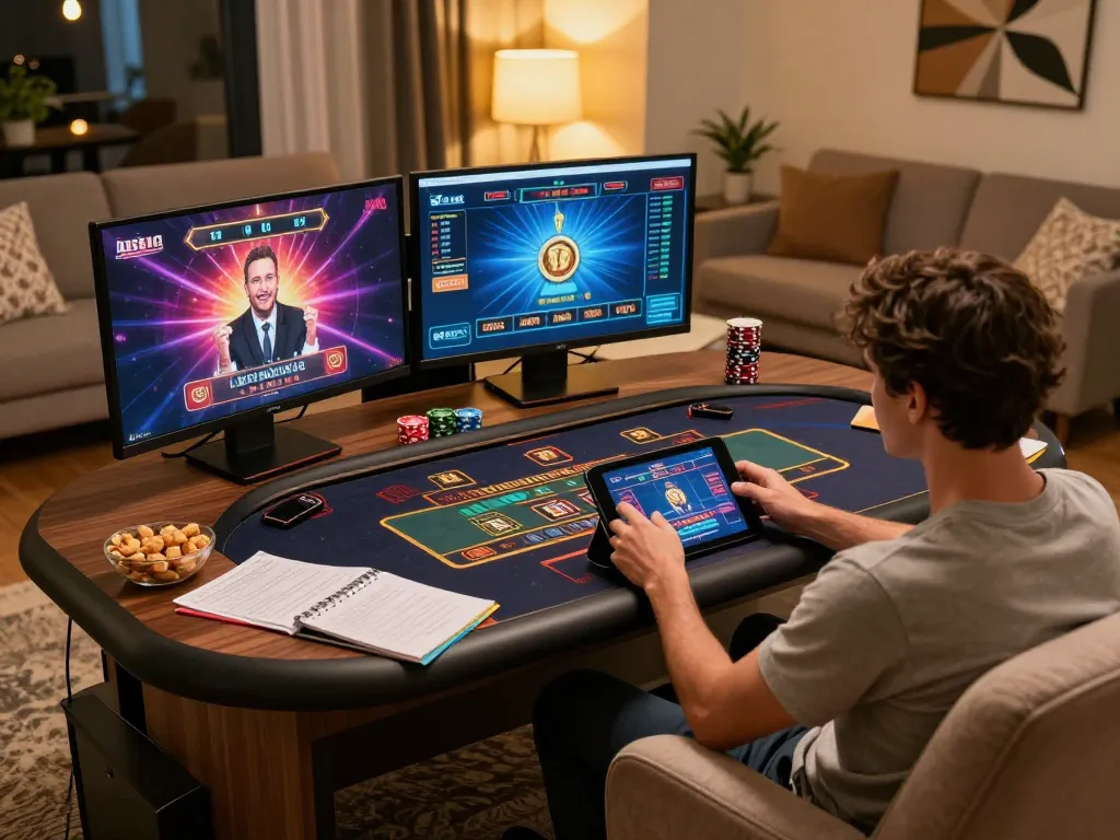 Player engaging with nhà cái xx88 live dealer game on tablet in a cozy home setup