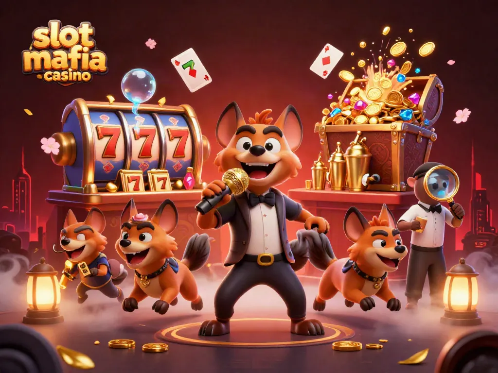 Engage with the vibrant slot mafia casino scene featuring hyenas in a comedy club atmosphere mixing fun with gambling action.