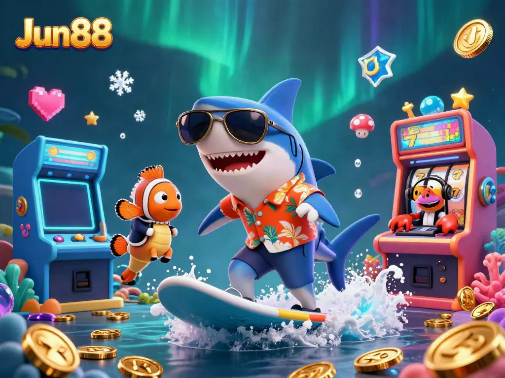 Experience excitement with Jun88's lively casino scene featuring a shark surfing on gold coins.
