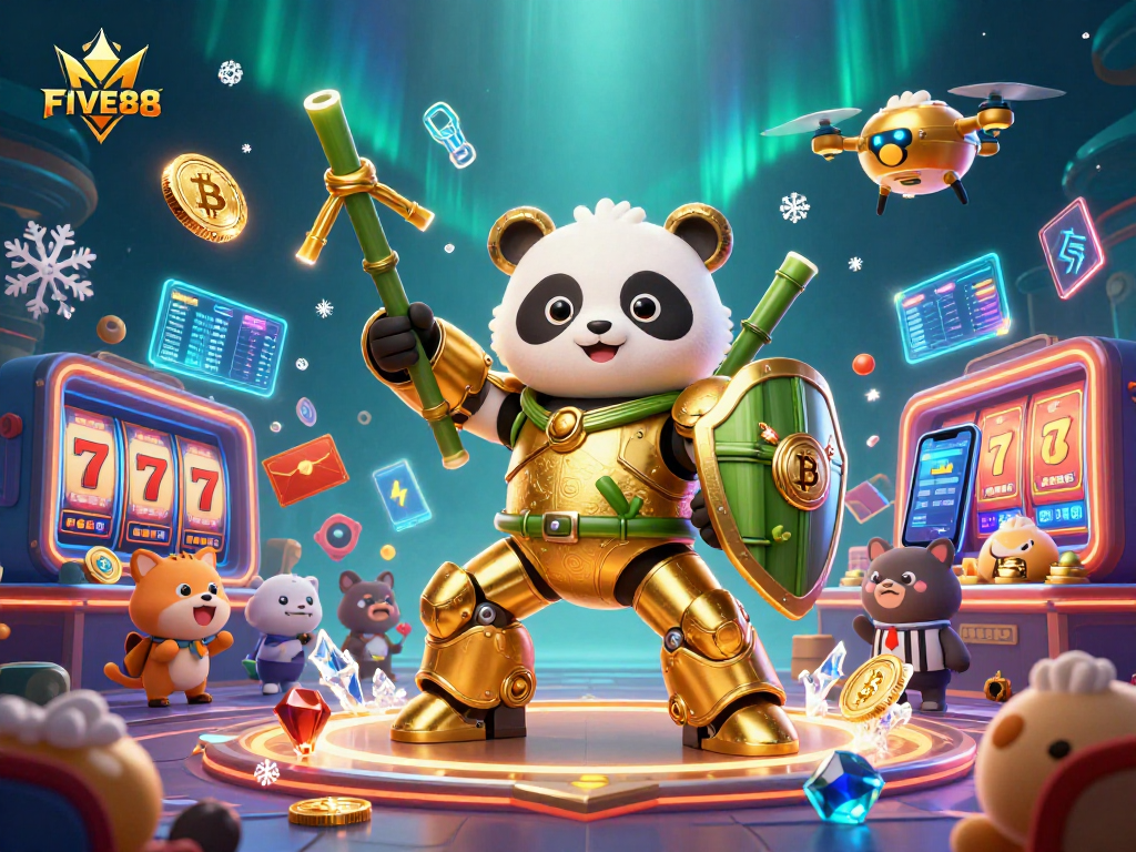 Engage in FIVE88 slots with the golden panda mech piloting a robot in a vibrant, dynamic casino scene.
